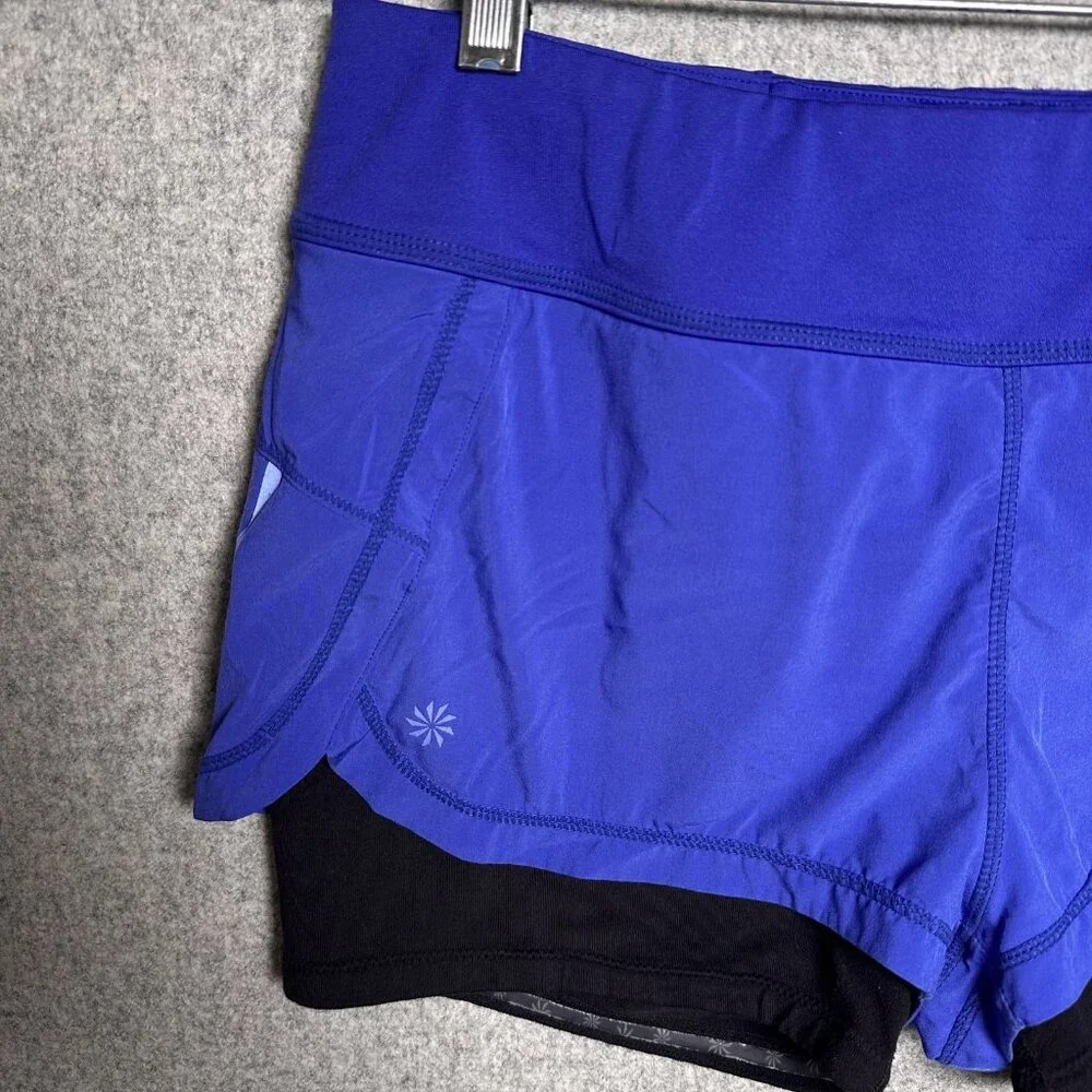 Athleta Medium Womens Running Shorts Biker Blue Black Gym Elastic Pull On - Picture 4 of 16